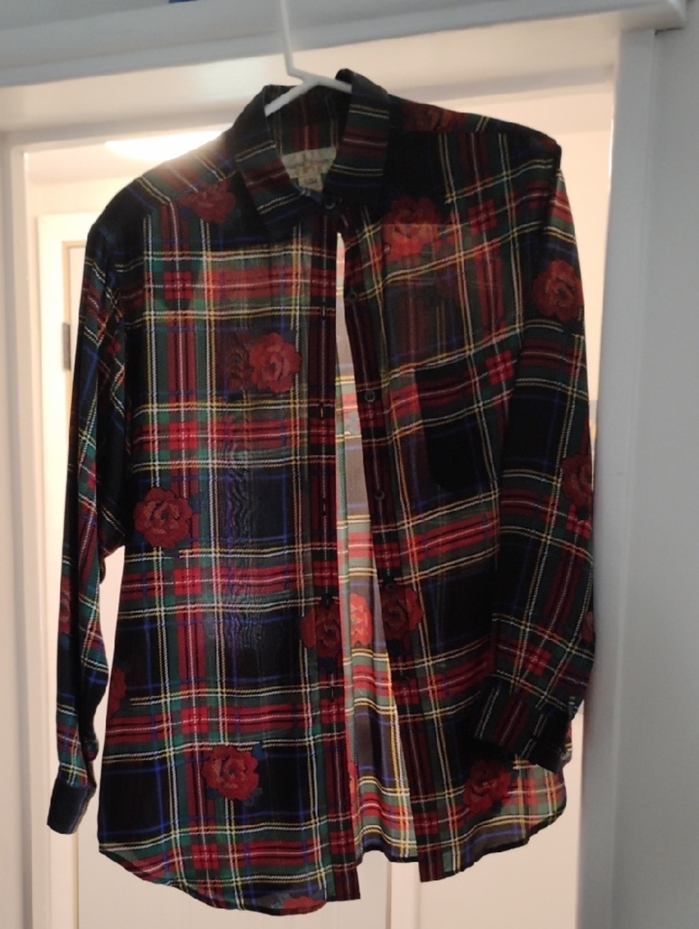 Rena Rowan Red & Black Plaid Button-Down Shirt with Floral Accents